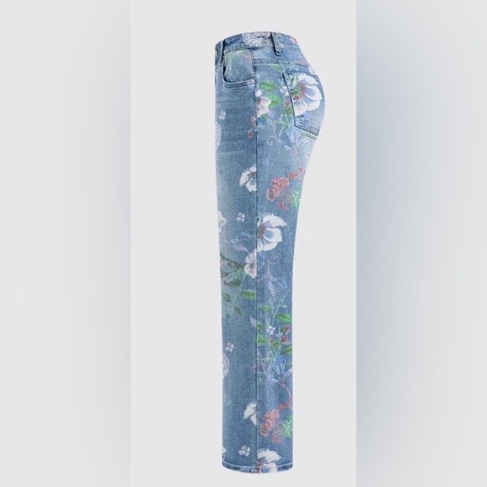 Flamingals Floral Pattern Wash Straight Leg High Waist Jeans - Picture 6 of 10